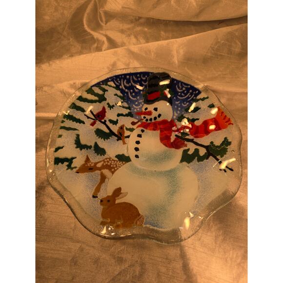 Peggy Karr Fused Glass Snowman Round Plate 8" Reindeer Winter Christmas 7.5" - Picture 6 of 7
